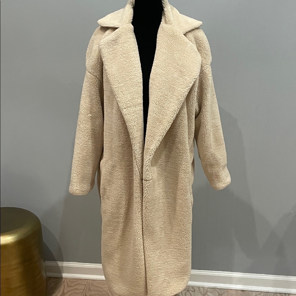 Cozy Cream Teddy Coat long open front with pockets